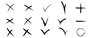 Kırmızı yeşil onay seti, fırça darbeleriyle karalama simgelerini işaretler. Tahıllı, kirli, tozlu, paslı ya da kirli desenli bir sembol. Evet ya da hayır. İşaretleme kutusu için el yazısı ögeleri 