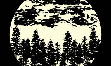 Arka plan, afiş. Ormanın silueti ve dolunay. Vektör illüstrasyonu.
