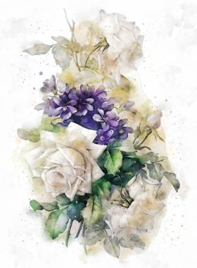 Çiçekler, suluboya resimler. Beyaz arkaplanda güzel çiçekler.