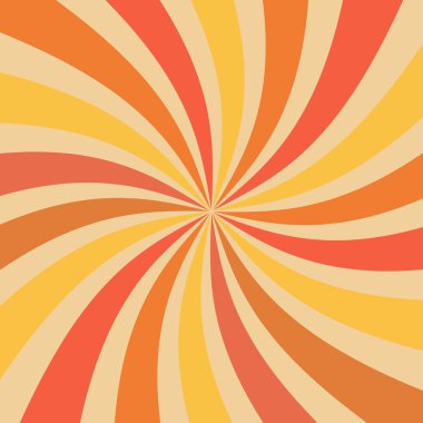 Retro sunburst background pattern with a vintage color palette of yellow, orange and red in a spiral or swirled radial striped design