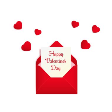 Sevgililer Günü tasarımı, kırmızı kalpler ve beyaz üzerine izole edilmiş açık bir zarf. Sevgililer günün kutlu olsun.