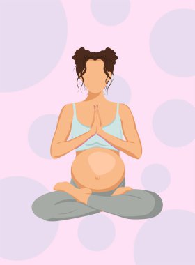 Young pregnant woman doing yoga on the pink background in faceless style