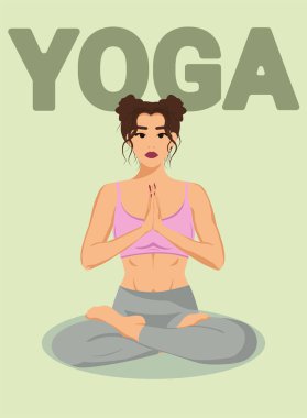 Young girl with dark hair doing yoga on the background of the green inscription 