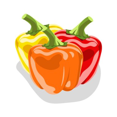 Three peppers isolated on white background. Red, orange and yellow bell peppers