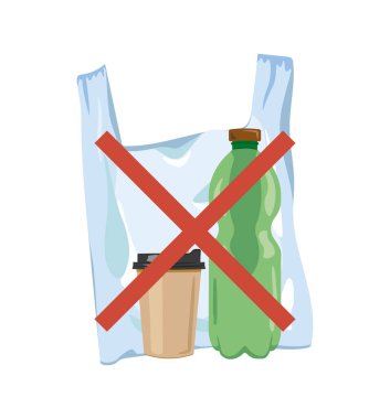 Waste that takes long to decompose (a plastic bag, a disposable cup and a plastic bottle) crossed by red cross