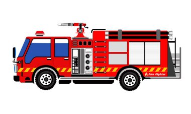Düz Vektör İtfaiye Çizimi. Kırmızı bir itfaiye aracının detaylı düz vektör çizimi, acil durumlara cevap vermeye hazır. Eğitim materyalleri ve çocuk tasarımları için ideal