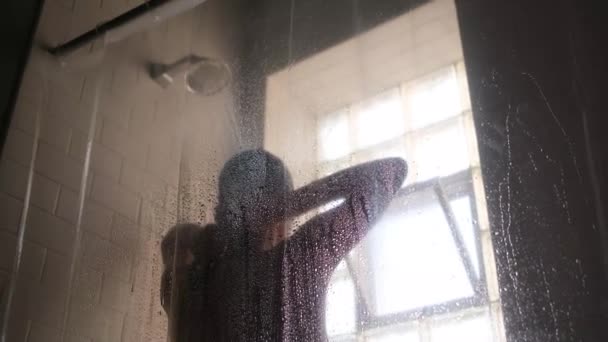 Woman Blurry Glass Girl Preparing Take Shower Woman Bathroom — Stock Video