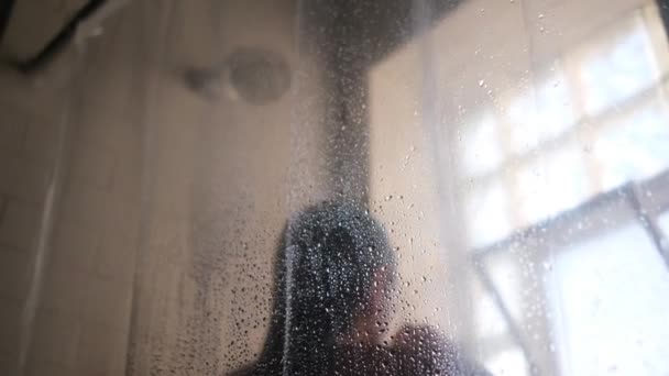 Woman Blurry Glass Girl Preparing Take Shower Woman Bathroom — Stock Video