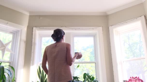 Vista Trasera Atractiva Dama Disfrutando Una Taza Café Casa — Vídeo de stock