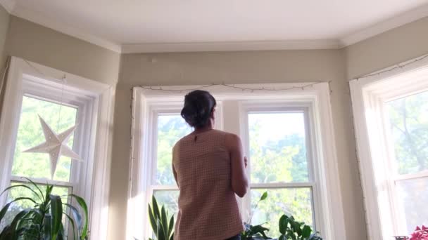 Back View Attractive Lady Enjoying Cup Coffee Home — Stock Video