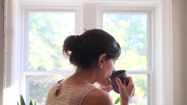 Widok Tyłu Atrakcyjna Pani Korzystających Filiżankę Kawy Domu — Wideo stockowe
