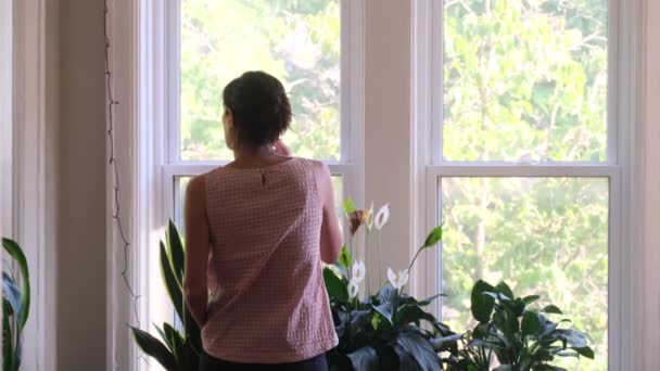 Evin Penceresinin Önünde Akıllı Telefonu Olan Genç Bir Kadının Arka — Stok video