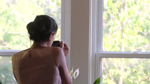 Visszapillantás Vonzó Hölgy Élvezi Egy Csésze Kávét Otthon — Stock videók
