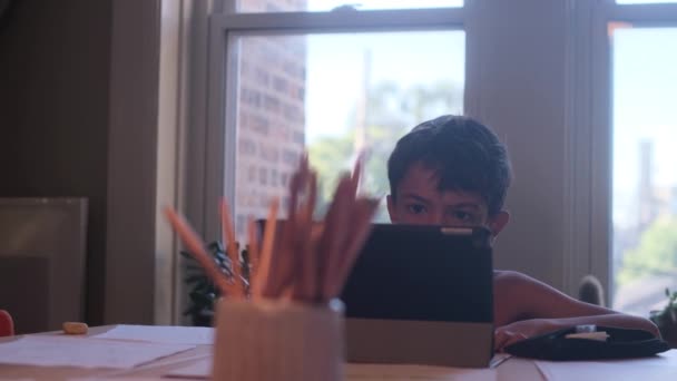 Drengen Bruger Digital Tablet Computer Ved Skrivebordet – Stock-video