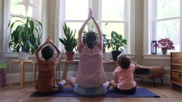 Junge Mutter Lehrt Kinder Yoga Asanas Praxis Hause Gesunde Lebensweise — Stockvideo