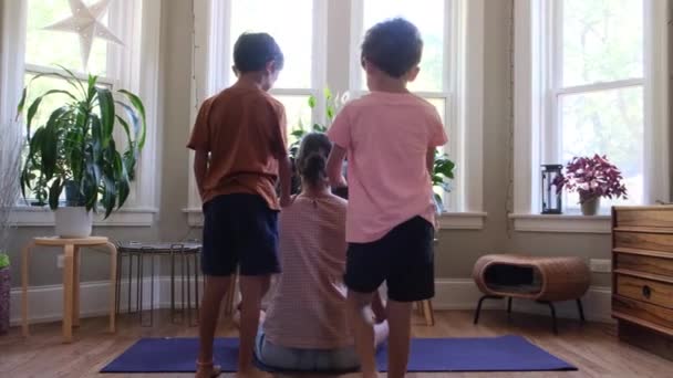 Two Children Sons Brothers Lifestyle Bother Mother Home Indoor Meditation — Stock video