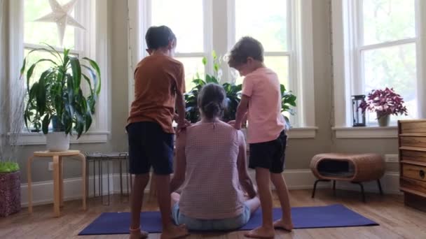 Two Children Sons Brothers Lifestyle Bother Mother Home Indoor Meditation — Stock video