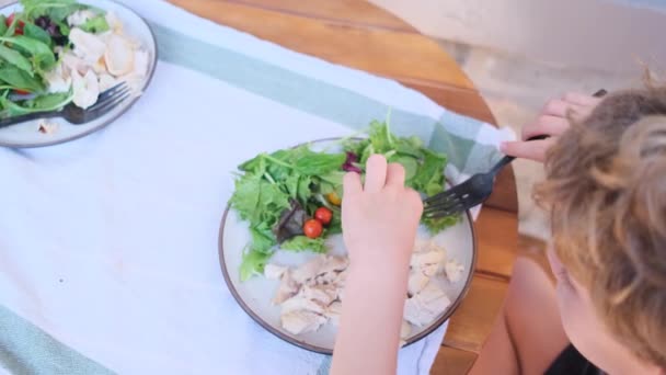 Kobieta Przygotowuje Zdrowe Jedzenie Sałatka Pieczony Kurczak Różne Warzywa Różne — Wideo stockowe