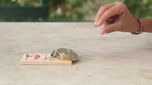Rato Armadilha Mão Pegar Dinheiro Bitcoin Dinheiro Dólar Símbolo Economia — Vídeo de Stock