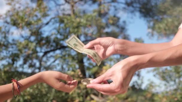 Para Değiş Tokuşu Bitcoins Dolar Konsept Ekonomi Simge Anne Oğul — Stok video