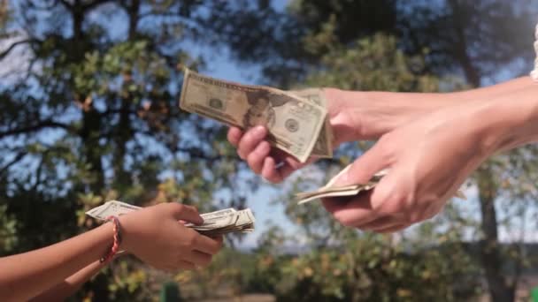Para Değiş Tokuşu Bitcoins Dolar Konsept Ekonomi Simge Anne Oğul — Stok video
