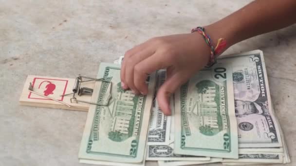 Råttfälla Hand Plocka Upp Pengar Bitcoin Kontanter Dollar Symbol Ekonomi — Stockvideo