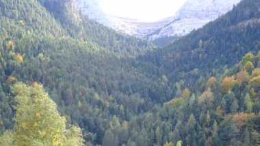 Sonbahar ve kışın doğal manzarası güneşli bir günde, soğuk ve sakin, ağaçlardan ve dağlardan yaprakları alıp götürüyor..