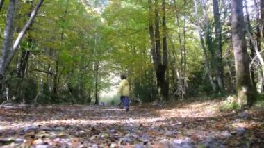 Ormanda sonbahar kış ortamı çocuklar anneleri sağlıklı yürüme oyunu oynuyorlar mutlu aile kavramı.