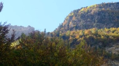 Manzara dağ sonbaharı kış renkleri kırmızı sarı kahverengi konsept mevsim değişimi doğa panoramik yapraklar yapraklar manzara