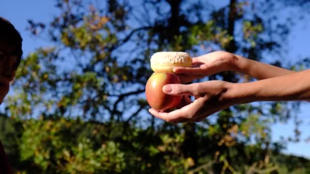 Mãos Mãe Filho Escolhendo Entre Frutas Doces Industriais Donut Fazendo — Vídeo de Stock