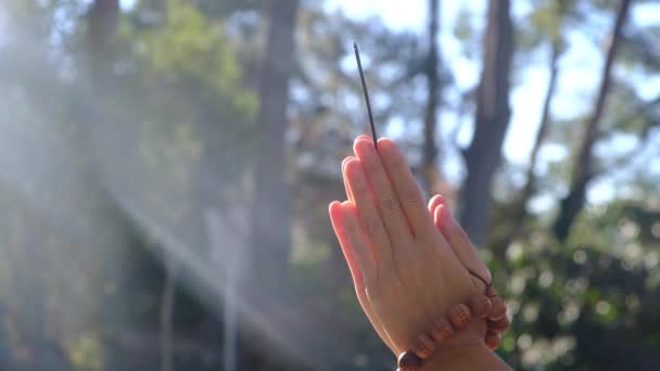 Woman Hand Taoist Buddhist Rosary Incense Sun Rays Natural Environment — Stock Video