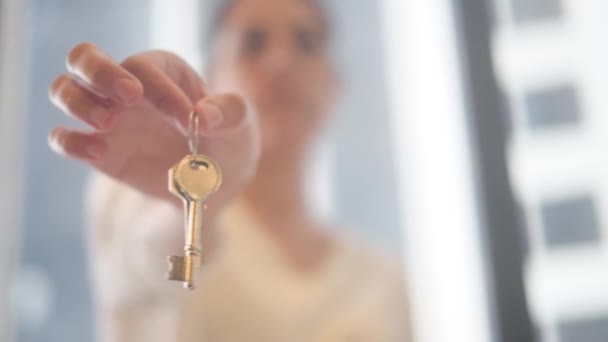 Close Woman Holding Keys Apartment Blurred Background — Stock Video
