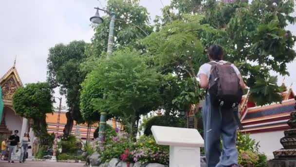 Belakang Musafir Perempuan Dengan Perjalanan Ransel Berjalan Pagoda Arsitektur Daya — Stok Video