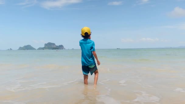 Liten Pojke Njuter Havet Spelar Vågor Glada Känslor Semestern — Stockvideo