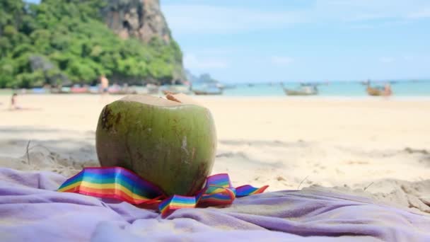 청록색 해변의 모래에 Lgbtq 리본과 코코넛 — 비디오