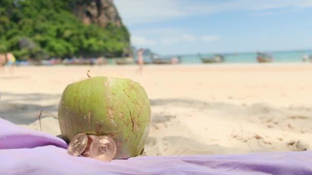 碧绿的椰子和加密货币在碧绿的海滩上的白沙滩上 — 图库视频影像