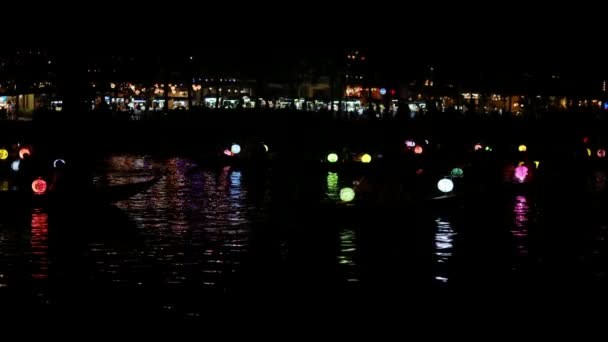 Night Shot Thu Bon River Hoi Vietnam Decorated Boats Lanterns — Stock Video