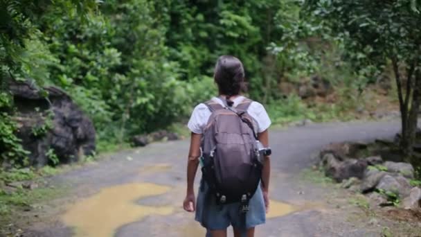 头戴礼帽背着背包在热带山区徒步旅行的妇女游客 — 图库视频影像