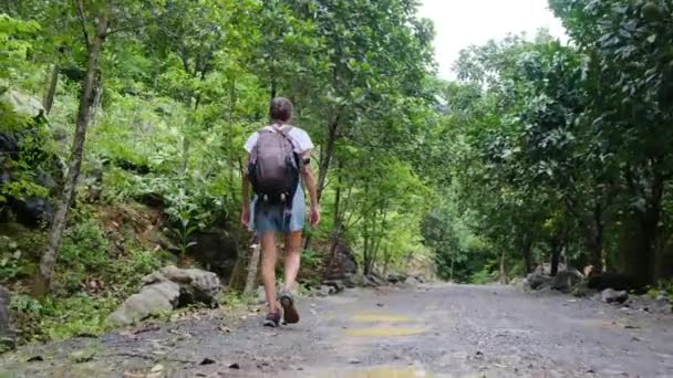 Mulher Turista Chapéu Com Mochila Viajando Caminhadas Montanha Tropical — Vídeo de Stock