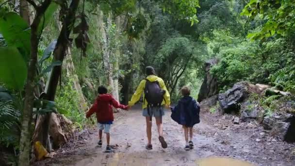 Anya Hátizsák Sétál Dzsungelben Gyerekekkel — Stock videók