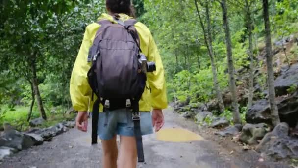 Женщина Туристка Шляпе Рюкзаком Путешествует Пешком Тропических Горах — стоковое видео
