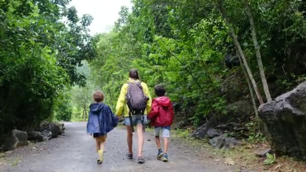 Mutter Mit Rucksack Wandert Mit Kindern Durch Dschungel — Stockvideo