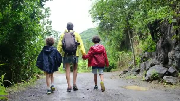 Anya Hátizsák Sétál Dzsungelben Gyerekekkel — Stock videók