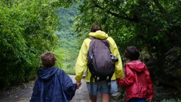子供とジャングルを歩き回るバックパックを持つ母親 — ストック動画