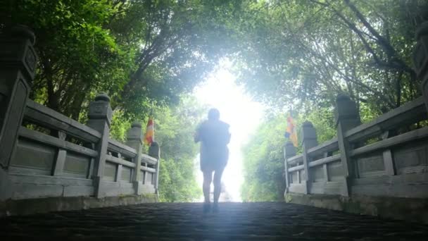 Mujer Años Con Mochila Caminando Por Templo Del Sudeste Asiático — Vídeo de stock