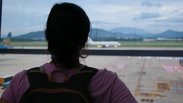 ソロ旅行者が空港の窓からスーツケースを待って飛行機を眺める — ストック動画