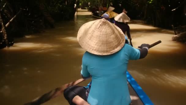 Zadní Pohled Osoba Lodi Trhu Řeky Mekong — Stock video
