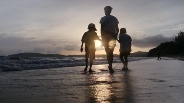 Ibu Dan Anak Anak Berjalan Pantai Laut Bawah Matahari Terbenam — Stok Video
