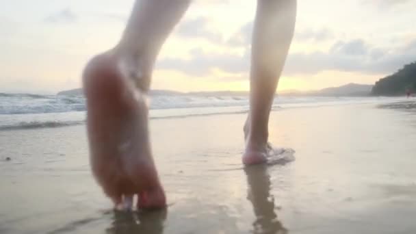 Fötter Promenader Och Vatten Med Kvinna Ben Sanden Vid Havet — Stockvideo
