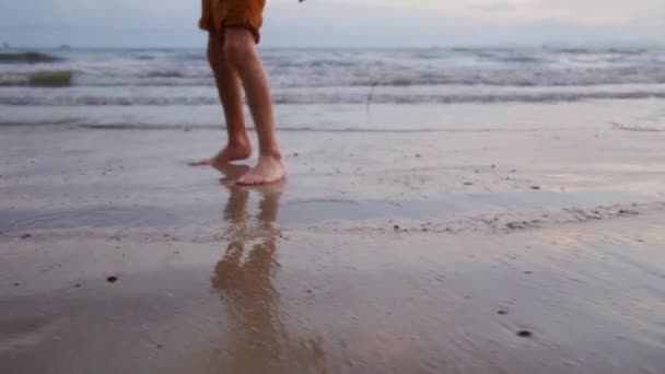 Хлопчик Грає Пляжі Хлопчик Грає Хвилями Піщаному Пляжі Діти Подорожують — стокове відео